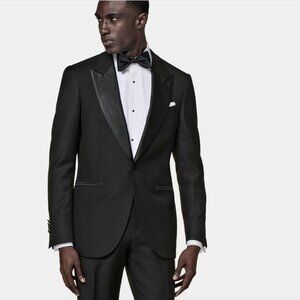Suit Supply Mens Black Lazio Tuxedo Dinner Jacket Slim Tailored Wool Sil…
